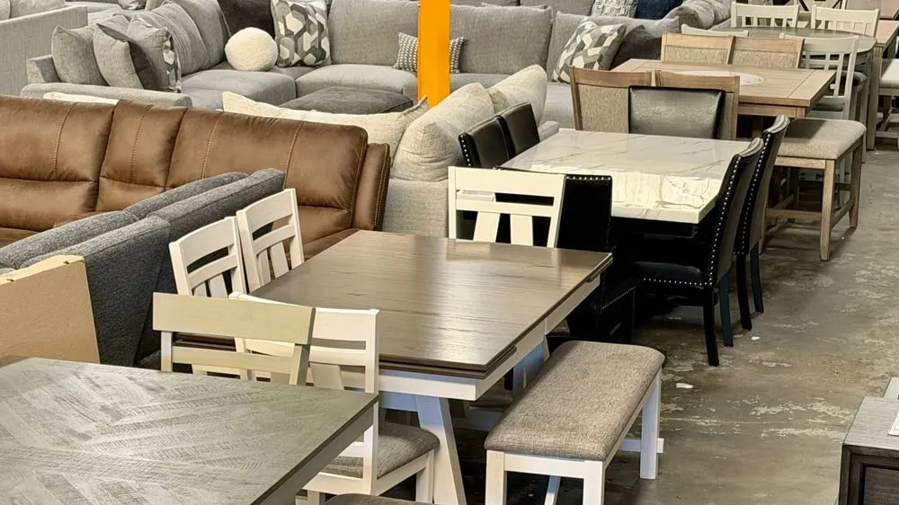 Dining room furniture showroom at BoxDrop Baltimore